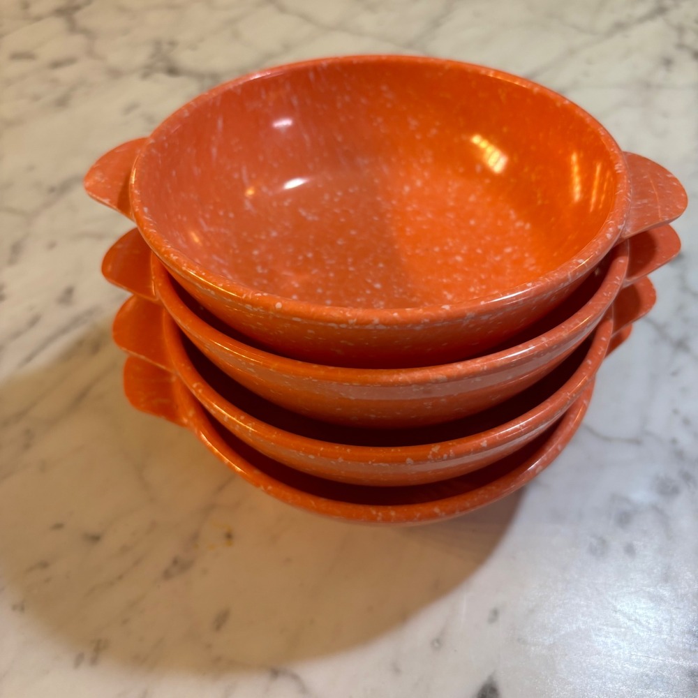 Vintage Orange Melamine Confetti Bowls Set of 4 Lug Handle Mid Century Modern